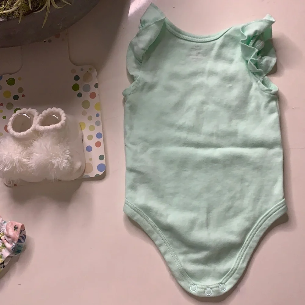 Easter 6 months Infant girl three piece set Ruffle bodysuit shoes slippers